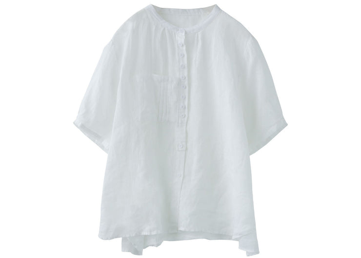 Simple White Pockets Button Patchwork Linen Shirt Top Short Sleeve