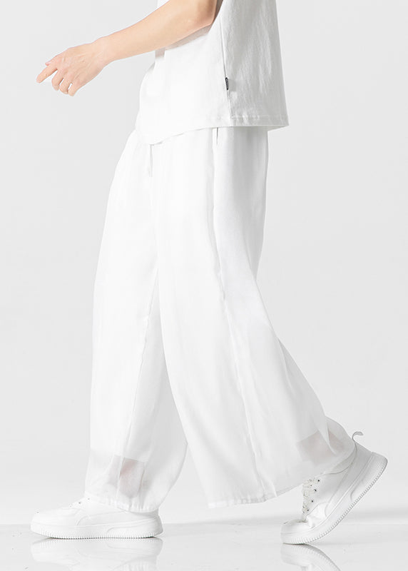 Simple White Pockets Ice Silk Men Pants Casual Clothing Summer