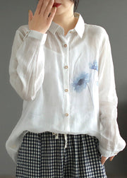 Simple White Print Button Silk Linen Shirt Spring