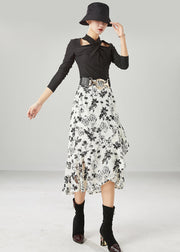 Simple White Print Patchwork Ruffles Chiffon Skirts Summer