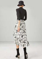 Simple White Print Patchwork Ruffles Chiffon Skirts Summer