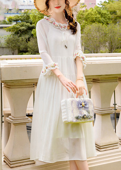 Simple White Ruffled Exra Large Hem Silk Long Dress Spring