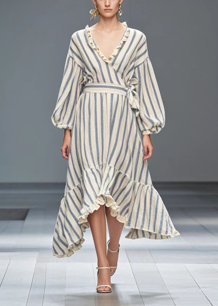 Simple White Ruffled Striped Silk Velvet Cinched Dresses Spring