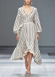 Simple White Ruffled Striped Silk Velvet Cinched Dresses Spring