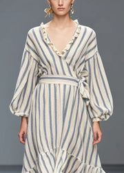 Simple White Ruffled Striped Silk Velvet Cinched Dresses Spring