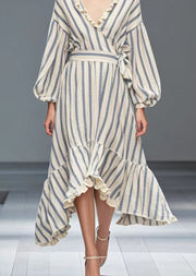 Simple White Ruffled Striped Silk Velvet Cinched Dresses Spring