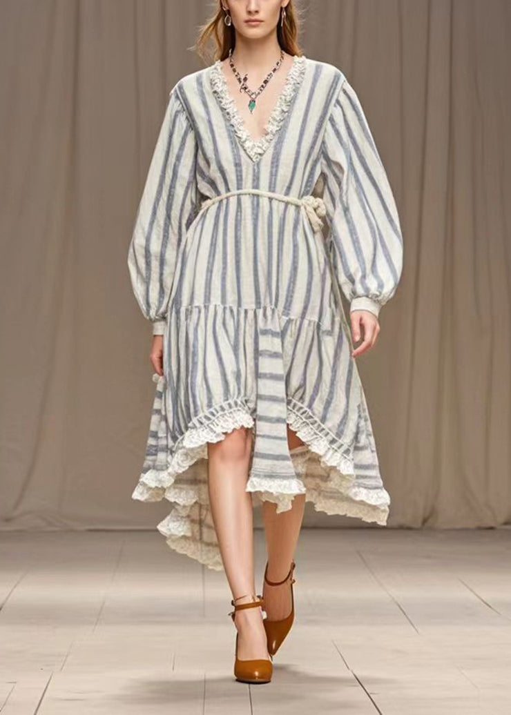 Simple White Ruffled Striped Silk Velvet Long Dresses Spring