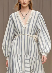 Simple White Ruffled Striped Silk Cotton blend Long Dresses Spring