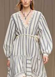 Simple White Ruffled Striped Silk Velvet Long Dresses Spring