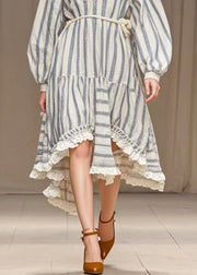 Simple White Ruffled Striped Silk Velvet Long Dresses Spring