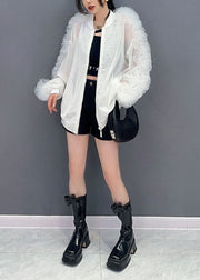 Simple White Ruffled Zippered Patchwork Tulle Jacket Summer