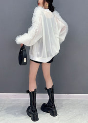 Simple White Ruffled Zippered Patchwork Tulle Jacket Summer