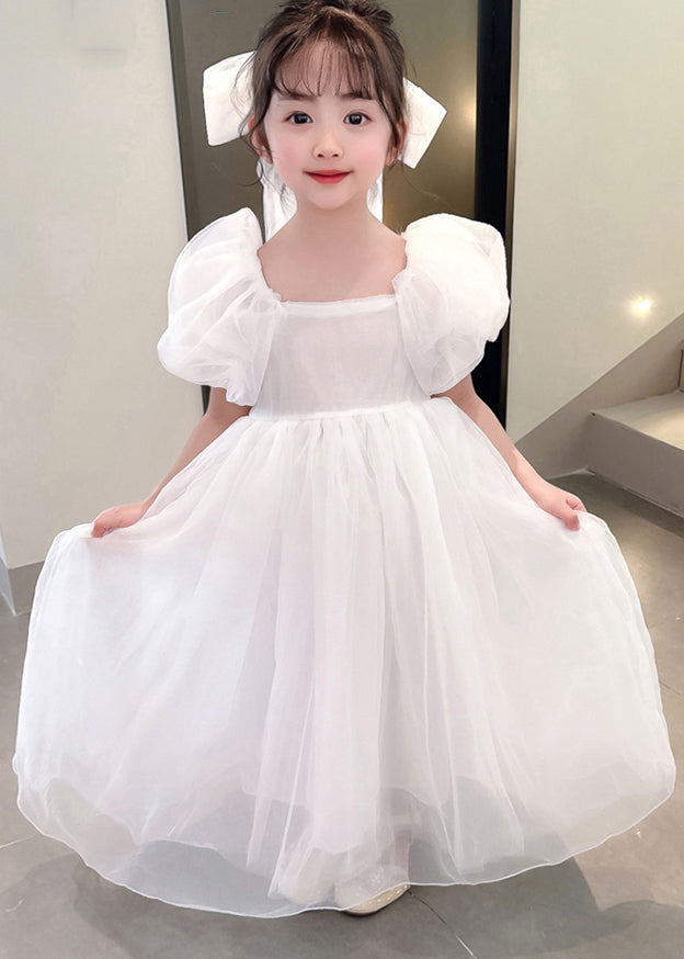 Simple White Square Collar Patchwork Tulle Girls Vacation Long Dresses Summer