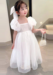 Simple White Square Collar Patchwork Tulle Girls Vacation Long Dresses Summer