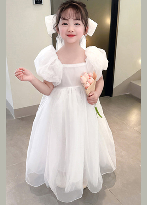 Simple White Square Collar Patchwork Tulle Girls Vacation Long Dresses Summer