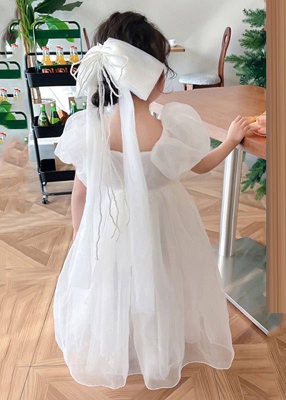 Simple White Square Collar Patchwork Tulle Girls Vacation Long Dresses Summer