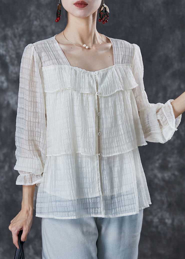 Simple White Square Collar Wrinkled Shirt Top Summer