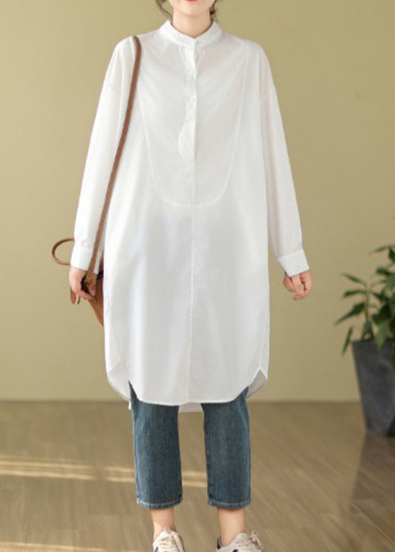 Simple White Stand Collar Button Shirts Dress Long Sleeve