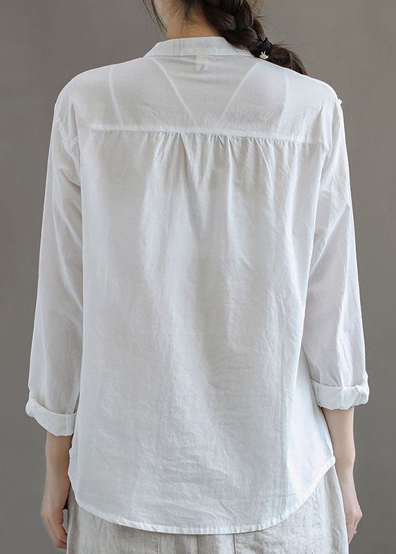 Simple White Stand Collar Embroideried Patchwork Cotton Blouses Long Sleeve