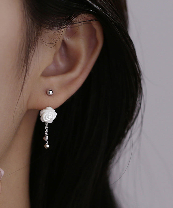 Simple White Sterling Silver Shell Floral Tassel Drop Earrings