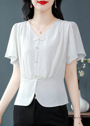 Simple White V Neck Chiffon Shirts Butterfly Sleeve