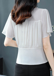 Simple White V Neck Chiffon Shirts Butterfly Sleeve