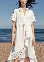 Simple White V Neck Exra Large Hem Linen Beach Dress Summer