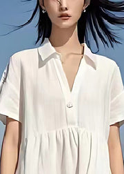 Simple White V Neck Exra Large Hem Linen Beach Dress Summer