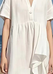 Simple White V Neck Exra Large Hem Linen Beach Dress Summer