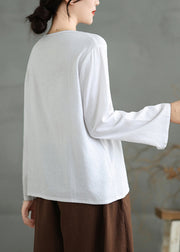 Simple White V Neck Loose Cotton T Shirts Top Fall