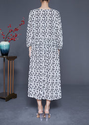 Simple White V Neck Oversized Print Chiffon Long Dresses Spring