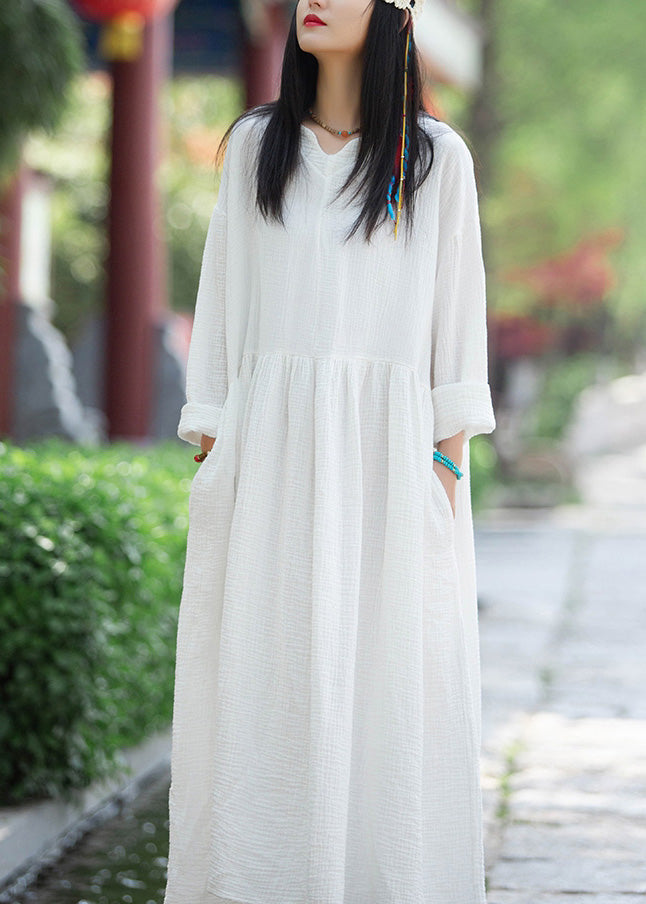 Simple White V Neck Pockets Patchwork Cotton Dress Long Sleeve