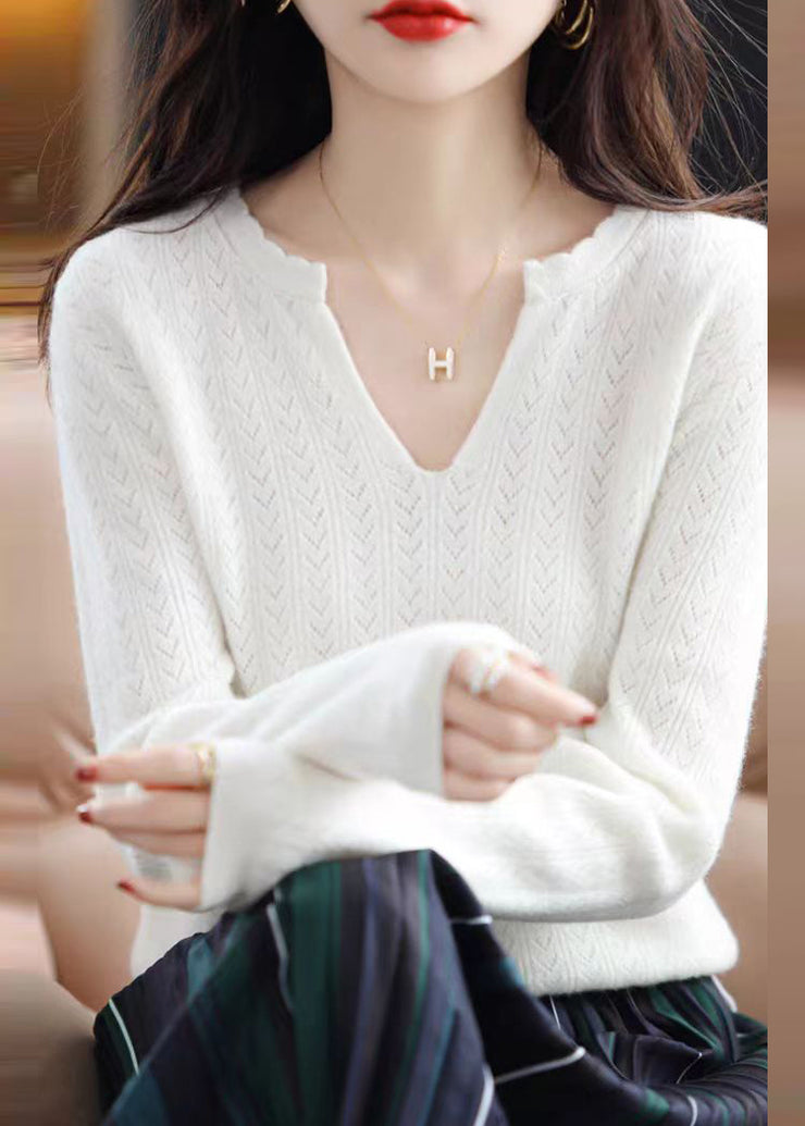 Simple White V Neck Ruffled Cotton Knit Sweaters Fall