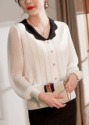 Simple White V Neck Striped Knit Shirt Tops Long Sleeve