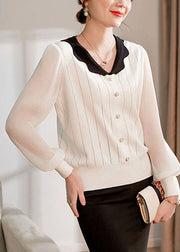 Simple White V Neck Striped Knit Shirt Tops Long Sleeve