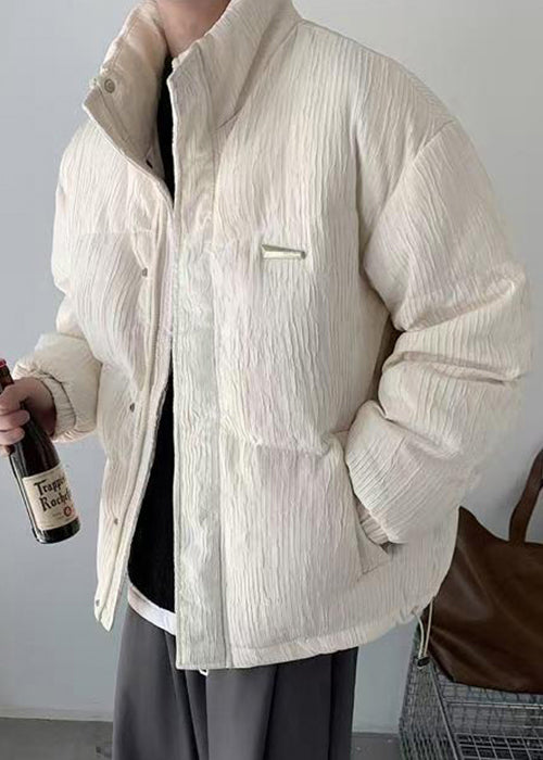 Simple White Zip Up Pockets Solid Men Parkas Winter