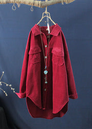 Simple Wine Red Peter Pan Collar Patchwork Corduroy Shirt Fall