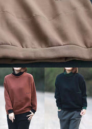 Simple Wine Red Turtleneck Patchwork Warm Fleece Sweatshirt Fall