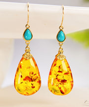 Simple Yellow 14K Gold Water Drop Amber Beeswax Drop Earrings