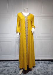 Simple Yellow Dot Lace Patchwork Silk Dress Long Sleeve