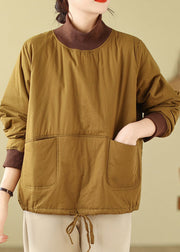 Simple Yellow Hign Neck Pockets Patchwork Fine Cotton Filled Top Winter