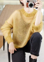 Simple Yellow O Neck Hollow Out Thin Cashmere Knit Top Fall