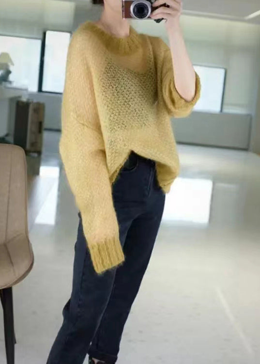 Simple Yellow O Neck Hollow Out Thin Cashmere Knit Top Fall