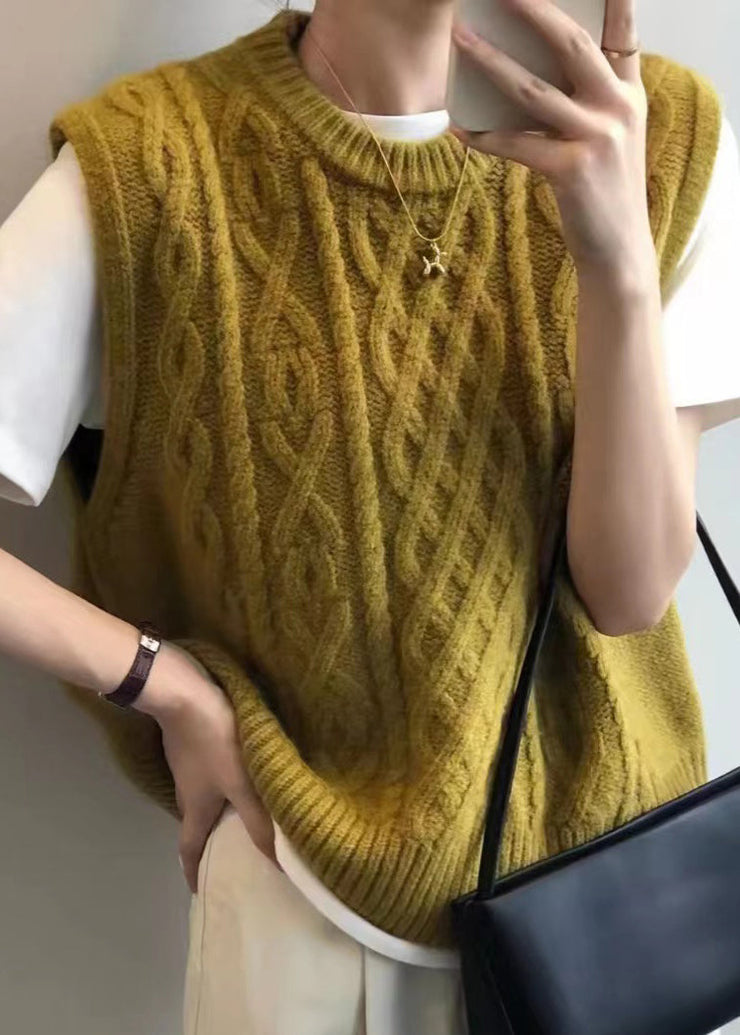 Simple Yellow O Neck Patchwork Cable Knit Waistcoat Sleeveless