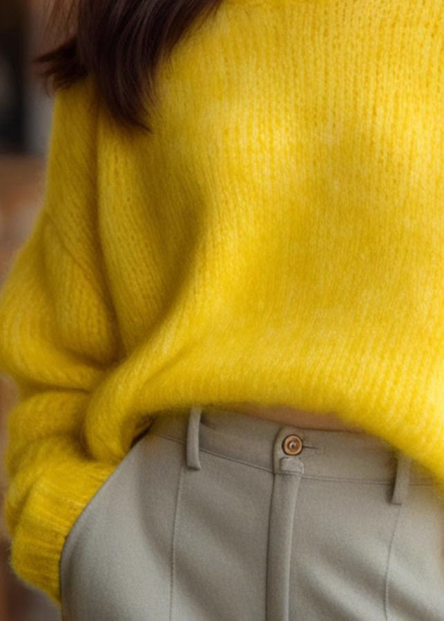 Simple Yellow O Neck Solid Cotton Knit Sweater Long Sleeve