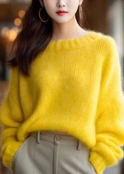 Simple Yellow O Neck Solid Knit Sweater Winter