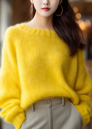 Simple Yellow O Neck Solid Knit Sweater Winter