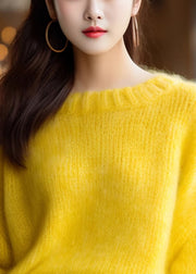 Simple Yellow O Neck Solid Knit Sweater Winter