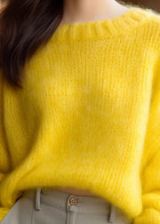 Simple Yellow O Neck Solid Knit Sweater Winter