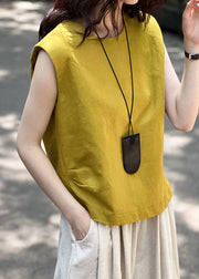 Simple Yellow O Neck Solid Linen Top Sleeveless